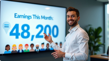 Engineer presenting monthly earnings to an online audience